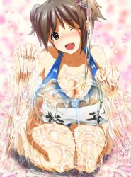 Rule 34 | 1girl, 2t (tanakatakuto), breasts, brown hair, cleavage, female focus, highres, huge breasts, kneeling, lube, one-piece swimsuit, one eye closed, open mouth, original, see-through, sexually suggestive, short hair, short twintails, solo, swimsuit, twintails, wink, yellow eyes