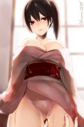 Rule 34 | 10s, 1girl, alternate costume, bad id, bad twitter id, bare shoulders, black hair, breasts, brown eyes, brown hair, cleavage, japanese clothes, kaga (kancolle), kantai collection, kimono, large breasts, light frown, looking at viewer, obi, off shoulder, open clothes, open kimono, out of frame, panties, pov, pov hands, pussy juice, sakiryo kanna, sash, side ponytail, solo focus, twitter username, underwear, white panties, window