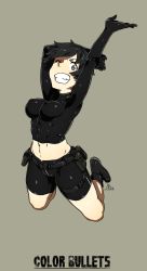 Rule 34 | 1girl, abs, arms up, belt, bike shorts, black eyes, black hair, boots, breasts, color bullets, copyright name, danielle redford (kamezaemon), covered erect nipples, grin, highres, kamezaemon, midriff, navel, one eye closed, original, pouch, short hair, signature, smile, solo, toned