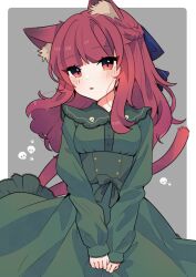 Rule 34 | 1girl, adapted costume, alternate hairstyle, animal ear fluff, animal ears, blush, border, cat ears, cat tail, dress, green dress, highres, kaenbyou rin, long hair, long sleeves, multiple tails, necono (nyu6poko), parted lips, red eyes, red hair, sidelocks, skull print, solo, tail, touhou, two tails, upper body, white border