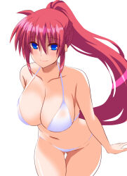 Rule 34 | 1girl, bikini, blue eyes, breasts, cleavage, collarbone, commentary request, cowboy shot, engo (aquawatery), highres, large breasts, long hair, looking at viewer, lyrical nanoha, pink hair, ponytail, signum, simple background, smile, solo, standing, swimsuit, very long hair, white background, white bikini