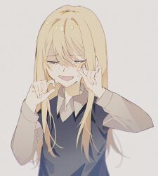 Rule 34 | 1girl, anemonelove, black vest, blonde hair, blush, brown shirt, closed eyes, collared shirt, commentary, crying, facing viewer, film grain, grey background, hair between eyes, hoshino ruby, long hair, long sleeves, open mouth, oshi no ko, shadow, shirt, sidelocks, simple background, smile, solo, symbol-only commentary, tears, teeth, upper body, upper teeth only, vest, wiping tears