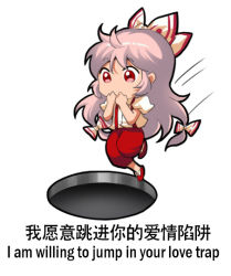 Rule 34 | 1girl, bilingual, bow, capri pants, chibi, chinese commentary, chinese text, commentary, english text, fujiwara no mokou, hair between eyes, hair bow, hole, jokanhiyou, long hair, meme, mixed-language text, pants, red eyes, red footwear, short sleeves, silver hair, solo, suspenders, touhou, translated