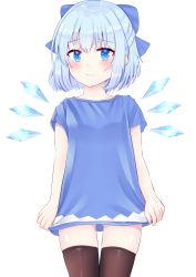 Rule 34 | 1girl, alternate costume, bad id, bad pixiv id, blue eyes, blue hair, blue shirt, blush, brown thighhighs, cirno, commentary request, cowboy shot, gluteal fold, hair ribbon, highres, light frown, looking at viewer, nibosi, no pants, partial commentary, ribbon, shirt, shirt hold, short hair, short sleeves, simple background, solo, standing, tareme, thighhighs, touhou, white background, wings