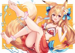 Rule 34 | 1girl, animal ear fluff, animal ears, bikini, breasts, collarbone, food, fox ears, fox girl, fox tail, front-tie bikini top, front-tie top, hair between eyes, holding, holding food, holding popsicle, long hair, low-tied long hair, medium breasts, navel, open mouth, orange hair, original, outside border, popsicle, red bikini, red eyes, red sarong, sakura ani, sarong, solo, swimsuit, tail