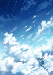Rule 34 | 1girl, arm behind back, bare shoulders, black footwear, blue hair, blue sky, cloud, cloudy sky, day, dress, dutch angle, floating hair, full body, hat, highres, long hair, miyakure, original, outdoors, reflection, salt flats, shoes, shooting star, sky, solo, star (sky), sun hat, sundress, water world, white dress, yellow hat