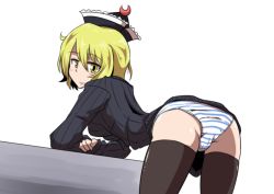 Rule 34 | 1girl, all fours, ass, bent over, black thighhighs, blonde hair, blush, breasts, crescent, hat, lunasa prismriver, medium breasts, midori niku, panties, ribbed sweater, short hair, smile, solo, striped clothes, striped panties, sweater, thighhighs, touhou, underwear, yellow eyes