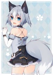 Rule 34 | 1girl, animal ear fluff, animal ears, bandaid, bandaid on face, bare shoulders, blue eyes, bow, cowboy shot, detached collar, dress, elbow gloves, fox ears, fox tail, frilled dress, frills, from behind, fur trim, garter straps, gloves, grey hair, grey thighhighs, hair between eyes, highres, jewelry, looking at viewer, looking back, muryotaro, open mouth, original, ring, short dress, short hair, solo, standing, tail, thighhighs, white gloves