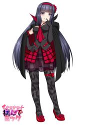 Rule 34 | 1girl, animal print, bat print, black cape, black legwear, breasts, cape, cleavage, copyright name, dokidoki yandemic, elbow gloves, fang, garter straps, gloves, hairband, hand on own hip, hand up, lingerie, long hair, pliers, red footwear, red hairband, red skirt, see-through, simple background, skirt, solo, standing, underwear, vampire, white background, zenzai, zenzai (zenzaio72)