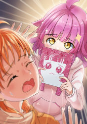 Rule 34 | 2girls, absurdres, analog heart (love live!), artist name, artist request, beamed quavers, blunt bangs, blush, breasts, brown eyes, closed eyes, drawing, drawstring, female focus, highres, holding, holding notebook, holding paper, hood, hooded jacket, jacket, long sleeves, looking at viewer, love live!, love live! nijigasaki high school idol club, love live! school idol festival, love live! school idol festival all stars, love live! sunshine!!, multiple girls, nail, nail polish, notebook, o o, orange hair, orange jacket, paper, parted lips, pink hair, pink nails, quaver, short hair, sketchbook, smile, sparkle, sweatdrop, takami chika, tennoji rina, upper body, white jacket, yellow eyes