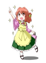 Rule 34 | 1girl, apron, bell, full body, hair bell, hair ornament, kousei (public planet), motoori kosuzu, red eyes, red hair, saliva, solo, sparkle, sparkling eyes, touhou, twintails, two side up, white background, wide sleeves