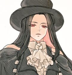 Rule 34 | 1other, androgynous, ascot, bare shoulders, black hair, black hat, colored inner hair, ebi pri shrimp, guilty gear, guilty gear strive, hat, long hair, looking at viewer, multicolored hair, other focus, pink hair, red eyes, testament (guilty gear), top hat, white ascot