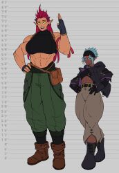 Rule 34 | 2girls, abs, absurdres, ali (sotcho), baggy pants, bandana, belt, belt pouch, biceps, black bandana, black footwear, black gloves, black horns, blue hair, boots, breasts, brown footwear, crop top, dark-skinned female, dark skin, dragon girl, earrings, facial mark, gloves, high ponytail, highres, horns, jacket, jewelry, large breasts, long hair, looking at viewer, measurements, multiple girls, muscular, muscular female, open clothes, open jacket, open mouth, original, pants, pointy ears, pouch, purple eyes, red hair, short hair, slit pupils, small breasts, sotcho, tank top, thick arms, thick eyebrows, thick eyelashes, yellow eyes, ziyu (sotcho)