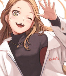 Rule 34 | 1girl, artist name, bad id, bad pixiv id, black shirt, blush, brown hair, coat, hand up, jewelry, kozato (yu kozato), long hair, long sleeves, looking at viewer, necklace, open mouth, original, shirt, smile, solo, upper body, white coat, yellow eyes