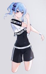 Rule 34 | 1girl, aya02ka, black leotard, black shorts, blue eyes, blue hair, breasts, closed mouth, crop top, grey background, highres, hololive, hololive dance practice uniform, hoshimachi suisei, leotard, leotard under clothes, long hair, official alternate costume, shorts, simple background, small breasts, solo, stretching, virtual youtuber