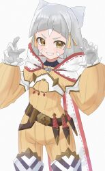 Rule 34 | 1girl, blush, bodysuit, brown bodysuit, brown eyes, commentary request, facial mark, gloves, grey background, grey hair, grin, hands up, highres, long sleeves, looking at viewer, nia (xenoblade), puffy long sleeves, puffy sleeves, simple background, sleeves past wrists, smile, solo, standing, tokireno, v-shaped eyebrows, white gloves, xenoblade chronicles (series), xenoblade chronicles 2