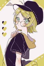 Rule 34 | 1girl, alternate costume, aqua eyes, arched back, black footwear, black hoodie, blonde hair, blush, bow, cabbie hat, cross-shaped pupils, earrings, finger to own chin, flat chest, from side, glasses, hair ornament, hairclip, hat, hat bow, heart, highres, hood, hoodie, jewelry, kagamine rin, looking at viewer, maca1227, parted lips, round eyewear, shirt, short hair, short sleeves, sideways glance, skinny, solo, symbol-shaped pupils, turning head, vocaloid, white bow, white shirt, yellow hood