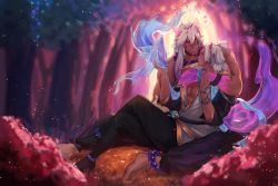 Rule 34 | 2boys, abs, absurdres, aphelios, artist name, baggy pants, barefoot, bead anklet, bead bracelet, bead necklace, beads, belt, blurry, blurry background, bracelet, coat, forest, grass, highres, hitodama, hug, jewelry, league of legends, looking at another, male focus, mature male, multiple boys, muscular, muscular male, nature, necklace, no shirt, open clothes, outdoors, pants, pectorals, punbun 4fun, sett (league of legends), signature, spirit, spirit blossom (league of legends), spirit blossom aphelios, spirit blossom sett, tree