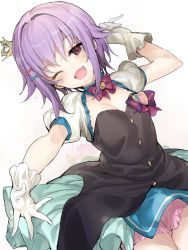 Rule 34 | 10s, 1girl, ;d, blush, crown, dress, gloves, hair ornament, hairclip, highres, idolmaster, idolmaster cinderella girls, jpeg artifacts, koshimizu sachiko, mini crown, mutsutake, one eye closed, open mouth, outstretched arm, outstretched hand, puffy short sleeves, puffy sleeves, purple hair, reaching, reaching towards viewer, short hair, short sleeves, simple background, smile, solo, star!!, tears, white background, white gloves