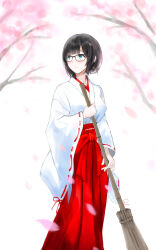 Rule 34 | 1girl, akito1218, bamboo broom, black hair, blue eyes, branch, broom, cherry blossoms, glasses, hakama, highres, holding, holding broom, japanese clothes, kimono, long sleeves, miko, original, outdoors, parted lips, petals, red hakama, ribbon-trimmed sleeves, ribbon trim, short hair, simple background, solo, tree, white background, white kimono, wind, wind lift