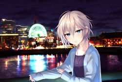 Rule 34 | 1girl, absurdres, anastasia (idolmaster), black shirt, blue cardigan, blue eyes, blush, cardigan, closed mouth, collarbone, ferris wheel, grey hair, hair between eyes, highres, idolmaster, idolmaster cinderella girls, jewelry, long sleeves, necklace, night, open cardigan, open clothes, outdoors, popon ta, ribbed cardigan, river, shirt, short hair, sky, sleeves past wrists, smile, solo, sparkle, star (sky), starry sky