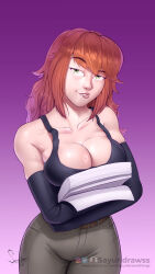 Rule 34 | 1girl, bare shoulders, belt, black tank top, breast press, breasts, carrying, cleavage, collarbone, detached sleeves, gradient background, green eyes, highres, holding, holding paper, instagram logo, large breasts, lips, long hair, looking at viewer, mole, mole on breast, orange hair, original, pants, paper, paper stack, purple background, raised eyebrow, sayuridrawsthings, sidelocks, signature, simple background, sweat, swept bangs, tank top, tight clothes