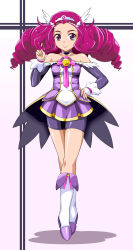 Rule 34 | 10s, 1girl, alternate universe, bare shoulders, bike shorts, bike shorts under skirt, boots, brooch, choker, full body, hand on own hip, head wings, highres, jewelry, knee boots, long hair, looking at viewer, magical girl, muimui, okada mayu, precure, purple eyes, purple hair, purple skirt, shorts, shorts under skirt, skirt, smile, smile precure!, solo, tiara, white background, white footwear, wings