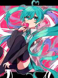 Rule 34 | 1girl, absurdly long hair, ahoge, aqua eyes, aqua hair, aqua necktie, bare shoulders, black shorts, black sleeves, black thighhighs, commentary, detached sleeves, earrings, expressionless, hatsune miku, heart, heart ahoge, heart earrings, highres, holding, holding heart, jewelry, knees up, long hair, looking at viewer, necktie, pink background, shirt, shorts, shoulder tattoo, sitting, sleeveless, sleeveless shirt, solo, tattoo, thighhighs, twintails, tyazakura sayu, very long hair, vocaloid, white shirt, zettai ryouiki, zoom layer