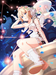 Rule 34 | 1girl, arm support, bad id, bad pixiv id, blonde hair, blue eyes, blurry, blurry background, boots, breasts, cleavage, collarbone, crown, dress, europa (granblue fantasy), fdk grbr, flower, from below, granblue fantasy, hair between eyes, hair flower, hair ornament, hand in own hair, medium breasts, off shoulder, open mouth, petals, pink flower, plant, short hair, sitting, sleeveless, sleeveless dress, solo, strapless, strapless dress, veil, vines, white dress, white footwear