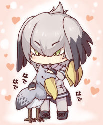 Rule 34 | 10s, 1girl, azuki ron, bird, black hair, boots, chibi, green eyes, grey hair, head wings, headpat, heart, kemono friends, looking at another, multicolored hair, shoebill, shoebill (kemono friends), sound effects, translation request, two-tone hair, wings