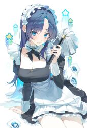 Rule 34 | 1girl, absurdres, apron, arm support, black dress, black ribbon, blue eyes, blue hair, blush, bow, bowtie, breasts, choker, cleavage, copyright request, dress, duster, frilled choker, frills, hand up, highres, holding, holding duster, juliet sleeves, kinty, leaning to the side, light smile, long hair, long sleeves, maid, maid headdress, medium breasts, neck ribbon, original, parted bangs, puffy sleeves, ribbon, sitting, solo, star (symbol), teeth, waist apron, white background