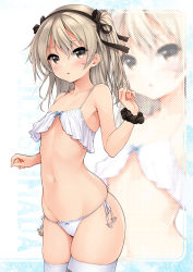 Rule 34 | 1girl, bad id, bad twitter id, black ribbon, black scrunchie, blush, bow, bow panties, brown eyes, character name, commentary request, cowboy shot, girls und panzer, groin, hair ribbon, harino646, lace, lace-trimmed panties, lace trim, light brown hair, lingerie, long hair, looking at viewer, navel, one side up, panties, parted lips, ribbon, scrunchie, shimada arisu, side-tie panties, skindentation, solo, standing, string panties, striped clothes, striped thighhighs, thighhighs, underwear, underwear only, w arms, white panties, wrist scrunchie, zoom layer