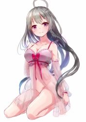 Rule 34 | 1girl, ahoge, babydoll, bare arms, bare legs, bare shoulders, barefoot, bottomless, bow, breasts, cleavage, closed mouth, full body, hand on own chest, hand up, kachayori, kneeling, long hair, looking at viewer, medium breasts, navel, original, pink bow, purple eyes, ribbon trim, see-through, silver hair, simple background, sketch, solo, very long hair, white background