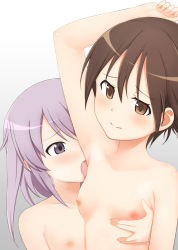 Rule 34 | 2girls, alice gear aegis, arm up, licking armpit, armpits, blush, breasts, brown eyes, brown hair, closed mouth, collarbone, commentary request, crossover, denkaisui, fingernails, gradient background, grey background, hair between eyes, highres, hirasaka yotsuyu, licking, long hair, miyafuji yoshika, multiple girls, nipples, nude, purple eyes, purple hair, saliva, small breasts, strike witches, tongue, tongue out, white background, world witches series, yuri