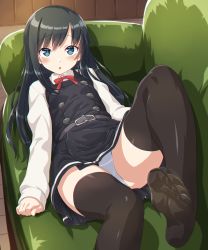 Rule 34 | 1girl, asashio (kancolle), asashio kai ni (kancolle), belt, black dress, black hair, black thighhighs, blue eyes, blush, buttons, chestnut mouth, commentary request, couch, dd (ijigendd), dress, feet, highres, indoors, kantai collection, leg up, long hair, long sleeves, looking at viewer, lying, neck ribbon, no shoes, on back, open mouth, panties, pantyshot, pinafore dress, red ribbon, ribbon, school uniform, sleeveless, sleeveless dress, solo, thighhighs, underwear, white panties