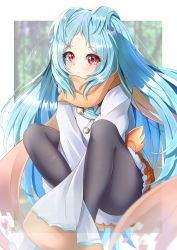 Rule 34 | 1girl, absurdres, black pantyhose, blue hair, blurry, blurry background, blush, brown scarf, eyes visible through hair, highres, knees up, long hair, long sleeves, looking at viewer, miyako (princess connect!), outside border, pantyhose, parted bangs, princess connect!, red eyes, scarf, signature, sitting, skirt, sleeves past fingers, sleeves past wrists, solo, takemura kou, thighs, two side up, very long hair, wide sleeves