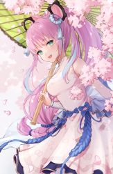 Rule 34 | 1girl, absurdres, another eden, blue bow, blue hair, bow, breasts, cherry blossoms, clothing request, commentary, cowboy shot, detached sleeves, dress, green eyes, hair ornament, highres, holding, holding umbrella, light blue hair, long hair, looking at viewer, medium breasts, multicolored hair, myunfa (another eden), official alternate costume, oil-paper umbrella, pink hair, ponytail, shano hiyori, sidelocks, smile, solo, streaked hair, umbrella, very long hair, white dress, white sleeves