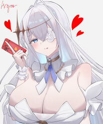 1girl :p argar_demo azur_lane blue_eyes blush breasts cleavage crossed_bangs dress emden_(azur_lane) flower flower_over_eye gift hair_flower hair_ornament hand_up heart highres holding holding_gift huge_breasts long_hair looking_at_viewer signature simple_background solo tongue tongue_out upper_body valentine white_background white_dress white_flower white_hair