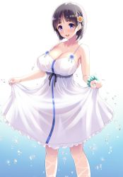 Rule 34 | 1girl, :d, alternate costume, black eyes, black hair, black ribbon, blush, bob cut, breasts, cleavage, collarbone, commentary request, dress, flower, hair flower, hair ornament, hairclip, happy, highres, holding, holding clothes, holding dress, kawase seiki, kirigaya suguha, large breasts, looking at viewer, no bra, open mouth, ribbon, short hair, sleeveless, sleeveless dress, smile, solo, sword art online, water, wristband