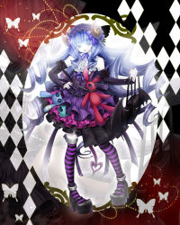 Rule 34 | 1girl, argyle, argyle background, argyle clothes, bag, blue hair, bug, butterfly, detached sleeves, dress, drill hair, elbow gloves, gloves, gothic lolita, highres, horns, insect, kneehighs, lolita fashion, long hair, original, platform footwear, rinko (artist), rinko (mg54), shoes, socks, solo, striped clothes, striped socks, striped thighhighs, stuffed animal, stuffed cat, stuffed rabbit, stuffed toy, thighhighs, very long hair, zoom layer