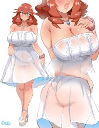 Rule 34 | 1girl, absurdres, ass, blush, breasts, brown hair, center frills, claudette j hornette, cleavage, dress, earrings, frills, grey eyes, hair between eyes, hair ornament, hairclip, highres, huge breasts, jewelry, large breasts, lightsource, lips, long hair, looking at viewer, multiple views, necklace, original, panties, parted lips, pink scrunchie, plump, sandals, scrunchie, see-through, simple background, standing, strapless, strapless dress, sundress, thick lips, thick thighs, thighs, thong, underwear, white background, white dress, white footwear, white panties, wrist scrunchie