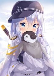 Rule 34 | 10s, 1girl, aiguillette, bird, blue eyes, blush, commentary, covering own mouth, epaulettes, flat cap, hat, hibiki (kancolle), highres, hitsukuya, hug, kantai collection, katana, long hair, looking at viewer, military, military uniform, penguin, silver hair, solo, sword, uniform, weapon