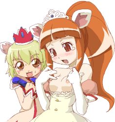 Rule 34 | 00s, 1boy, 1girl, animal ears, bare shoulders, blonde hair, blush, breasts, brother and sister, brown eyes, clenched hand, clothes pull, crown, dress pull, elbow gloves, fang, flat chest, fushigiboshi no futago hime, gloves, ixy, leonne, long hair, looking down, nipples, oekaki, open mouth, orange hair, ponytail, red eyes, siblings, simple background, sweat, tears, tiara, tio (futagohime), trap, white background