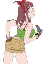 Rule 34 | 1girl, artist name, ass, bow, breasts, brown hair, closed mouth, commentary request, cosplay, denim, denim shorts, dragon ball, fingerless gloves, from behind, gloves, green tank top, gun, hand on own ass, highres, holding, holding gun, holding weapon, kiruko (tengoku daimakyou), long hair, looking at viewer, lunch (dragon ball), lunch (dragon ball) (cosplay), medium breasts, red bow, scar, scar on back, short shorts, shorts, simisimimountain, simple background, smile, solo, tank top, tengoku daimakyou, thighs, twitter username, weapon, white background