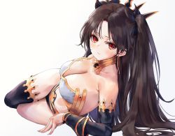 Rule 34 | 1girl, absurdres, asymmetrical legwear, bad id, bad pixiv id, bare shoulders, black bow, black hair, bow, breasts, cleavage, closed mouth, commentary, earrings, fate/grand order, fate (series), gold trim, hair bow, highres, hoop earrings, ishtar (fate), jewelry, large breasts, long hair, looking at viewer, lying, neck ring, on side, parted bangs, poharo, red eyes, simple background, single sleeve, single thighhigh, solo, strapless, thighhighs, tiara, tube top, two side up, uneven legwear, white background
