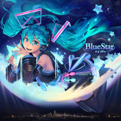 Rule 34 | 1girl, aqua eyes, aqua hair, blue nails, boots, city lights, cytus, cytus ii, detached sleeves, flying, hatsune miku, headphones, highres, holding, holding star, long hair, looking at viewer, nail polish, necktie, night, night sky, open mouth, rubylovedraw, sky, skyline, smile, solo, star (symbol), tattoo, thigh boots, thighhighs, twintails, very long hair, vocaloid