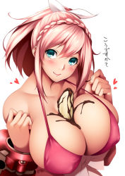 Rule 34 | 10s, 1girl, between breasts, bikini, blue eyes, blush, braid, breasts, breasts squeezed together, chocolate banana, covered erect nipples, daiba canon, god eater, god eater 2: rage burst, hair ribbon, huge breasts, large breasts, pink bikini, pink hair, ribbon, sexually suggestive, short hair, simple background, smile, solo, swimsuit, watanuki kaname, white background