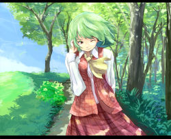 Rule 34 | 1girl, adjusting hair, ascot, bad id, bad pixiv id, female focus, forest, grass, green hair, kazami yuuka, letterboxed, nature, one eye closed, plaid, plaid skirt, plaid vest, red eyes, short hair, skirt, skirt set, solo, touhou, tree, vest, wind, you (pixiv249955), you (shimizu)