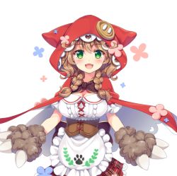 Rule 34 | 1girl, :d, animal hands, apron, blush, braid, breasts, brown hair, buttons, cleavage, corset, gloves, green eyes, hair ornament, large breasts, looking at viewer, low twin braids, moeki yuuta, nijisanji, official art, open mouth, oversized object, paw gloves, red hood, smile, solo, third-party source, transparent background, twin braids, virtual youtuber, warabeda meiji, warabeda meiji (1st costume), warabeda meijii