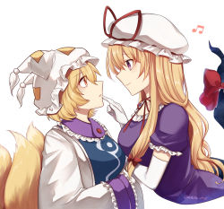 Rule 34 | 2girls, animal hat, blonde hair, breasts, dress, elbow gloves, fox tail, from side, gap (touhou), gloves, hands in opposite sleeves, hat, highres, kitsune, koto (shiberia39), long hair, looking at another, mob cap, multiple girls, multiple tails, musical note, mob cap, purple dress, short hair, short sleeves, simple background, tabard, tail, touhou, upper body, white background, white dress, white gloves, yakumo ran, yakumo yukari, yellow eyes